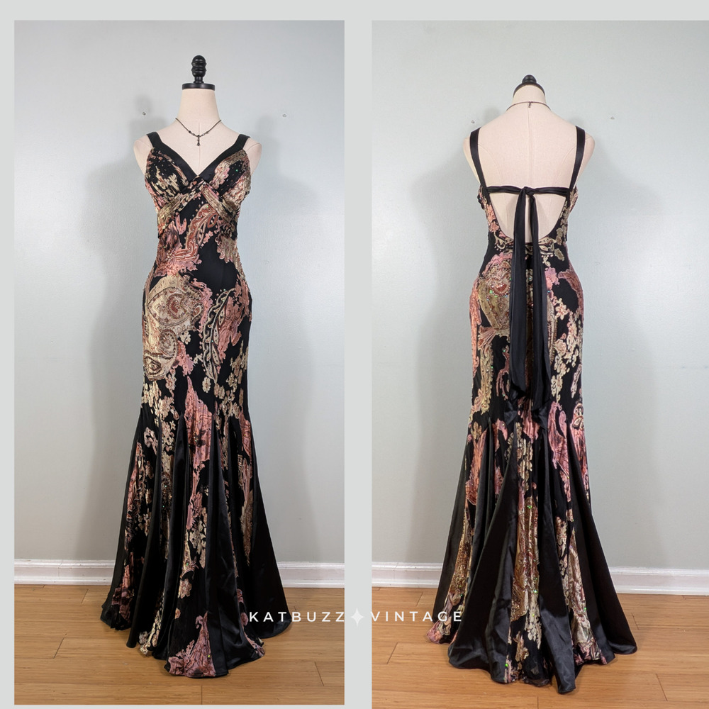 Vintage Sue Wong Prom Dress Silk Maxi Gown 2 Black Pink Floral Fairy Goth Y2K